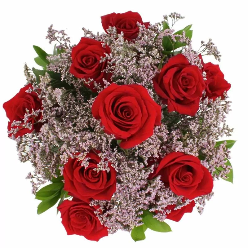 Florero 10 rosas rojas y limonium