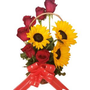 Canastilla de 6 rosas rojas y tres girasoles