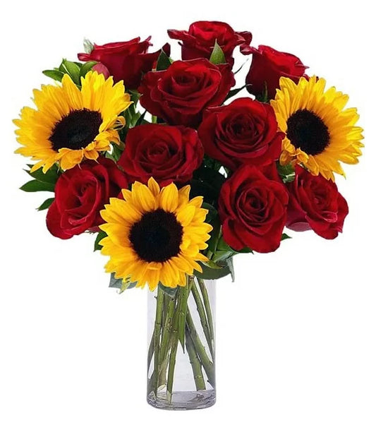 Florero 10 rosas rojas y 3 girasoles