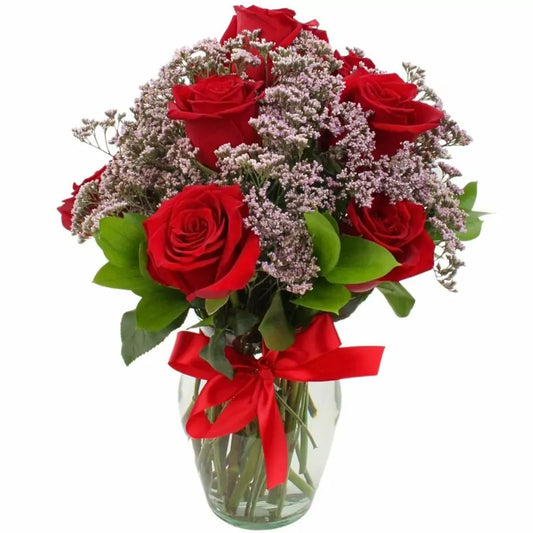 Florero 10 rosas rojas y limonium